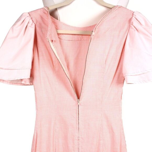Vintage Pink Check Cotton Dress Fitted w Ruffle Metal Zip XS B32 W23 - Hey Viv - Picture 4 of 6